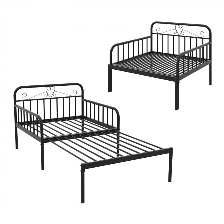 Extendable Metal Daybed to Twin Size Bed with Guardrails and Armrests-Black