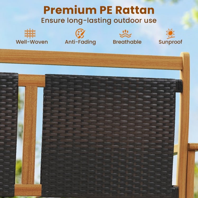 Patio Rattan Glider Bench for 2 with Acacia Wood Frame and Wicker Seat Back