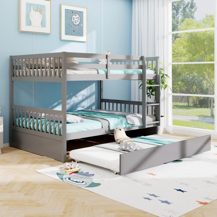 Full over Full Bunk Bed Platform Wood Bed with Ladder-Gray