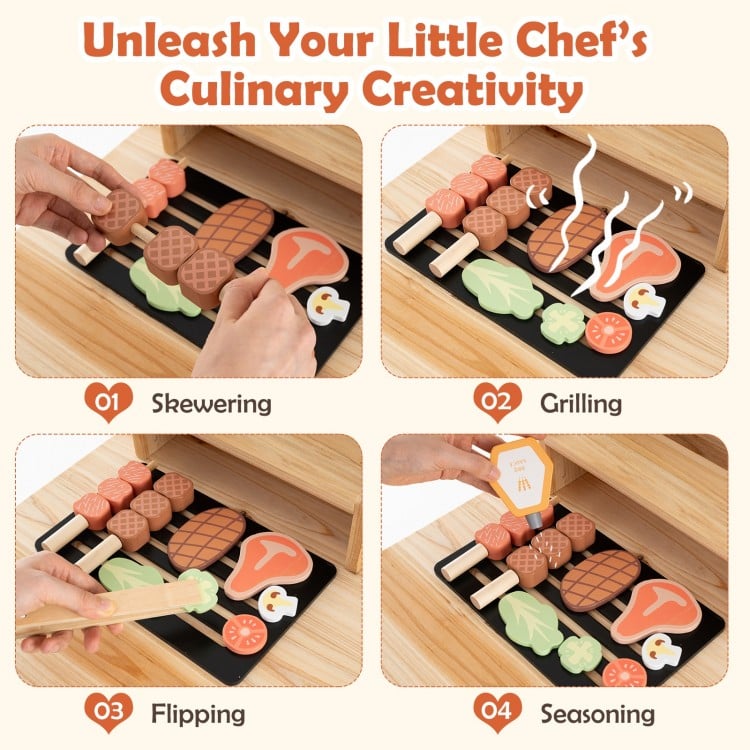 Wooden Barbecue Grill Playset with Chalkboard and Sink and Cabinet-Natural