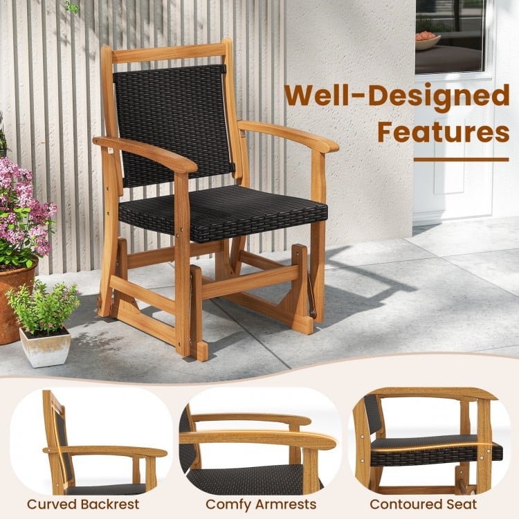 Patio Rattan Glider Chair with Acacia Wood Frame and Wicker Seat Back
