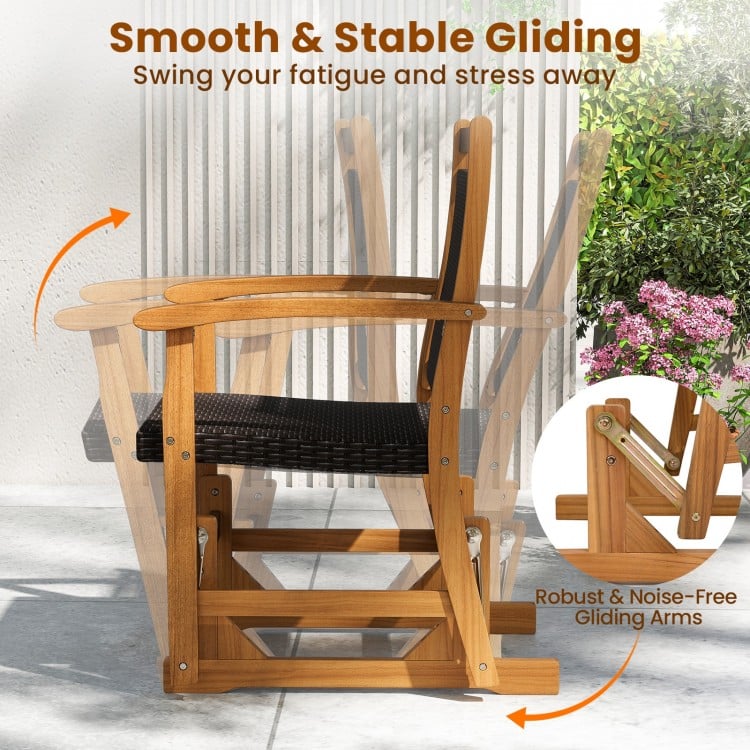 Patio Rattan Glider Chair with Acacia Wood Frame and Wicker Seat Back