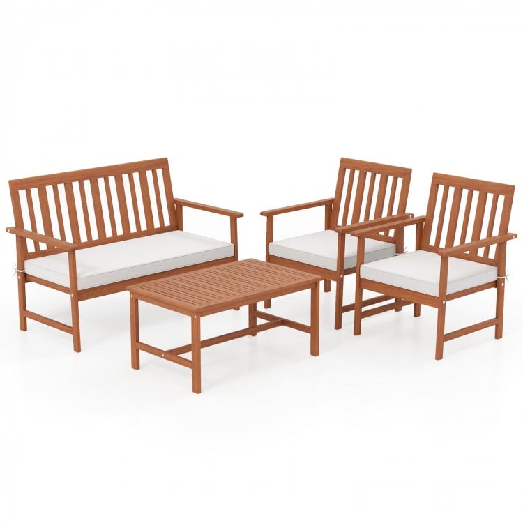 4 Pieces Acacia Wood Furniture Set with Seat Cushions and Robust Wood Frame-White
