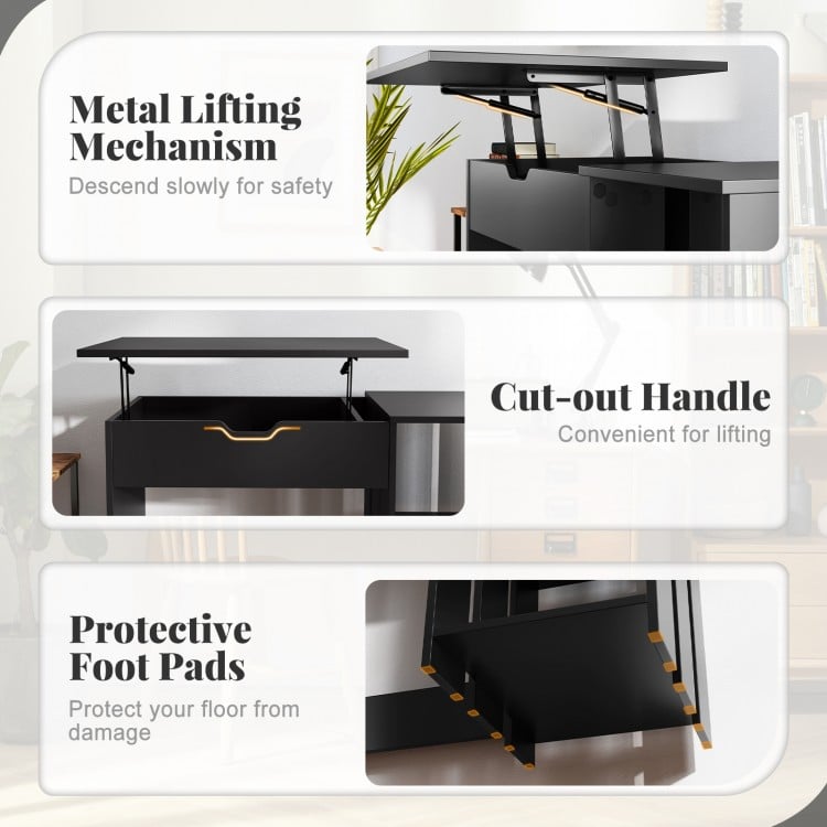 Space Saving Computer Desk with Hidden Compartment and Open Storage Shelves-Black