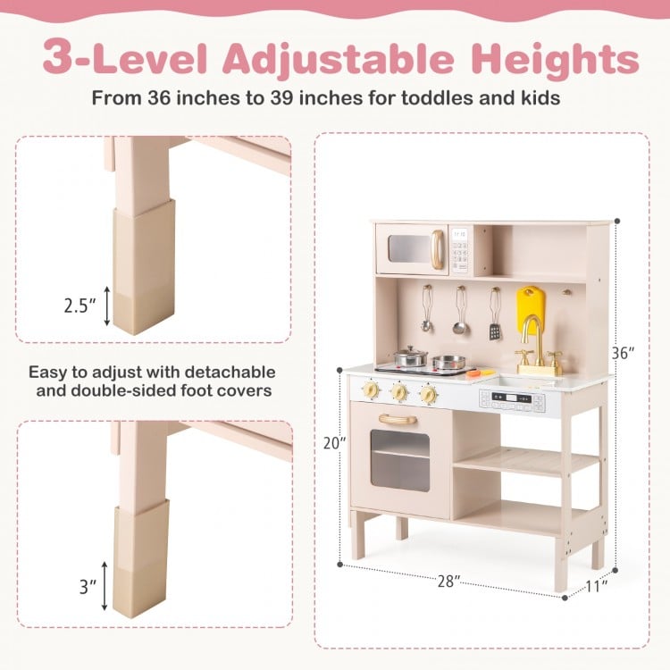 Play Kitchen Height Adjustable with Microwave and Lights and Sounds-Pink