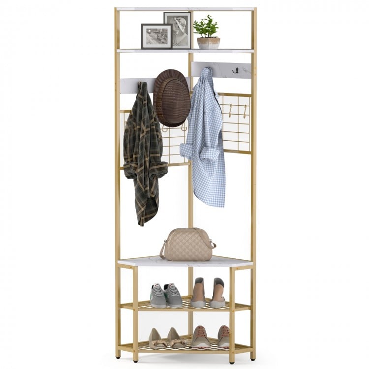 5-Tier Corner Hall Tree with Shoe Storage Bench-White