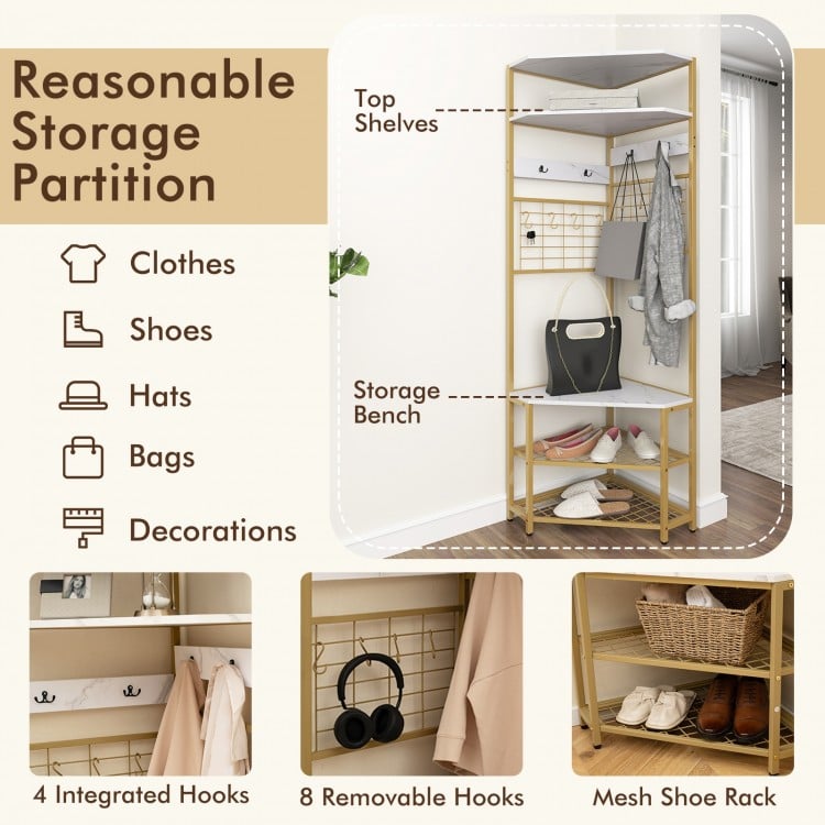 5-Tier Corner Hall Tree with Shoe Storage Bench-White