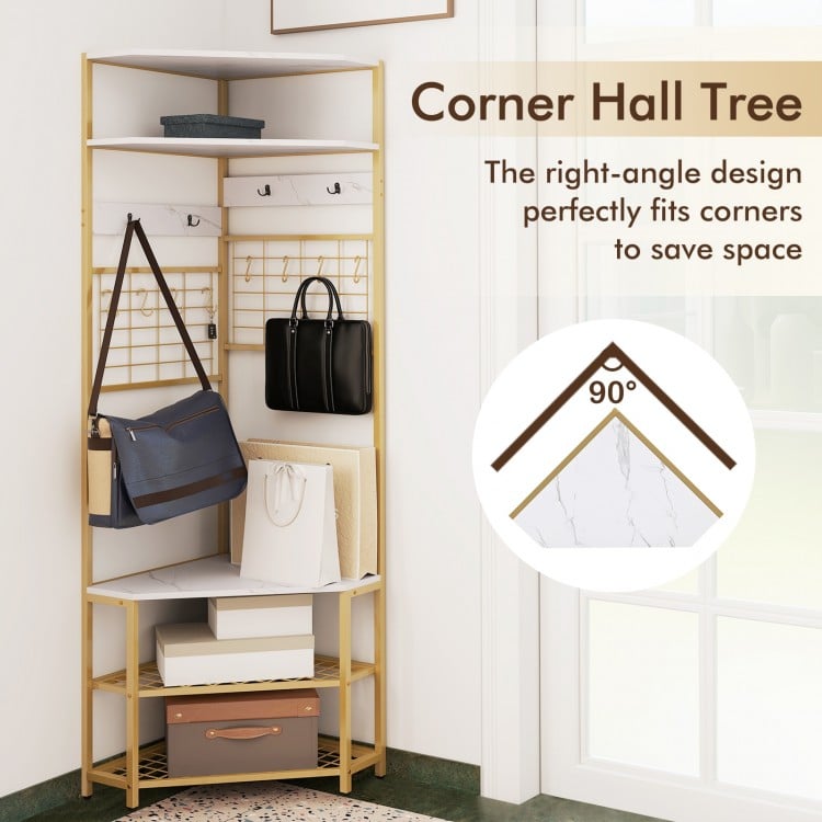 5-Tier Corner Hall Tree with Shoe Storage Bench-White