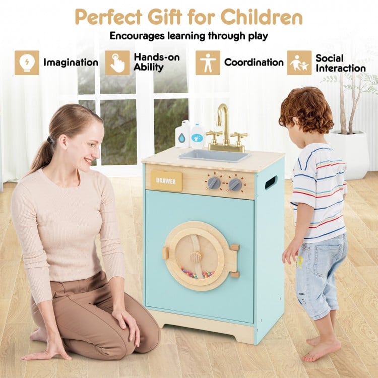 Kids Washer Playset Toy Washing Machine with Laundry Detergent-Blue