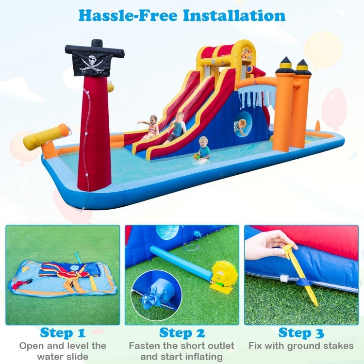 6-In-1 Inflatable Water Slide with Dual Slides Climbing Wall and Cave Crawling Game with 950W Blower