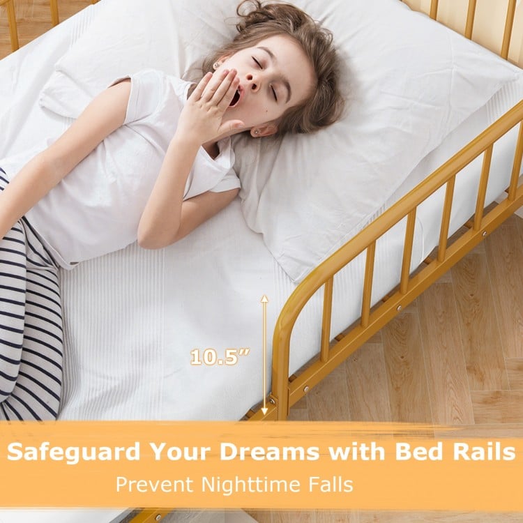 Twin Size Bed Frame with Headboard and Safety Side Guardrails-Gold