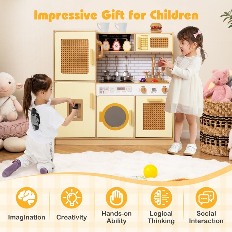 Kids Wooden Kitchen Playset with Realistic Lights and Sounds-Yellow