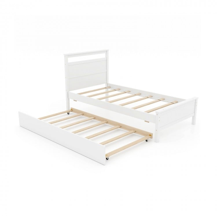 Twin Size Wooden Bed Frame with Trundle for Teens and Adults-White