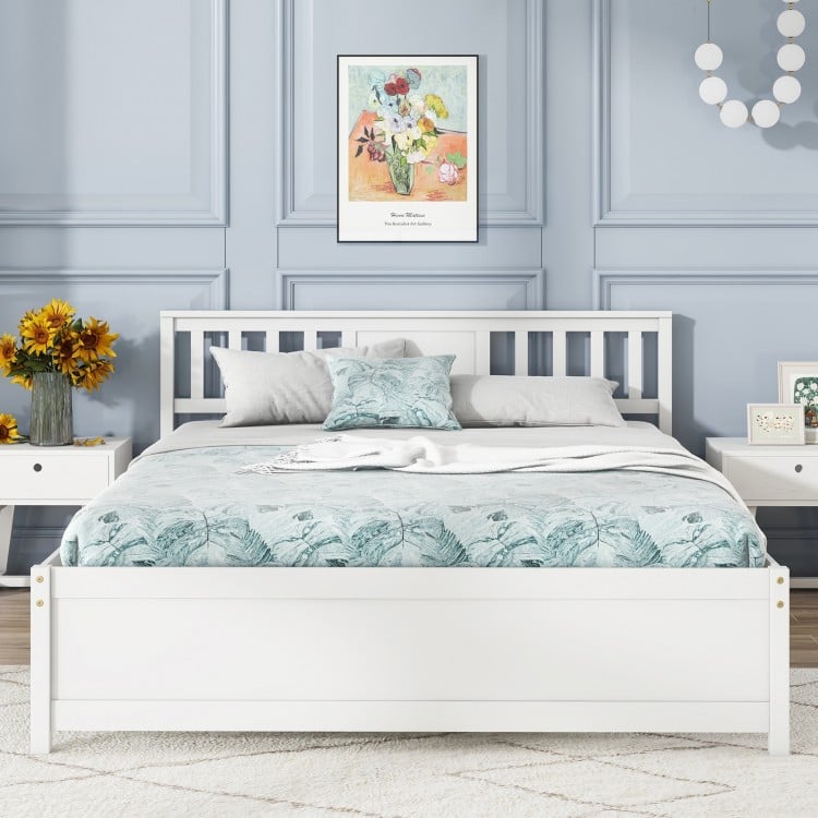 Wooden Platform Bed with Headboard and Wood Slat Support White-Queen Size