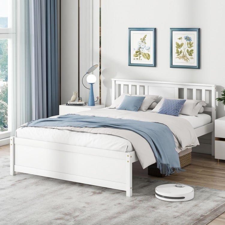 Wooden Platform Bed with Headboard and Wood Slat Support White-Full Size