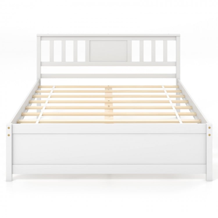 Wooden Platform Bed with Headboard and Wood Slat Support White-Full Size