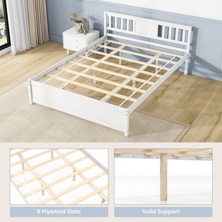 Wooden Platform Bed with Headboard and Wood Slat Support White-Queen Size