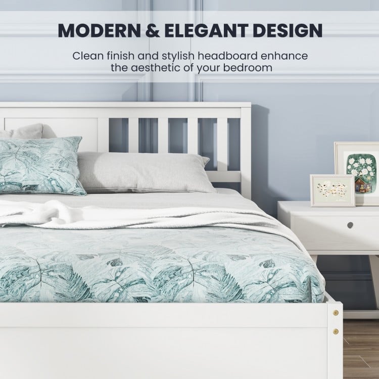 Wooden Platform Bed with Headboard and Wood Slat Support White-Queen Size