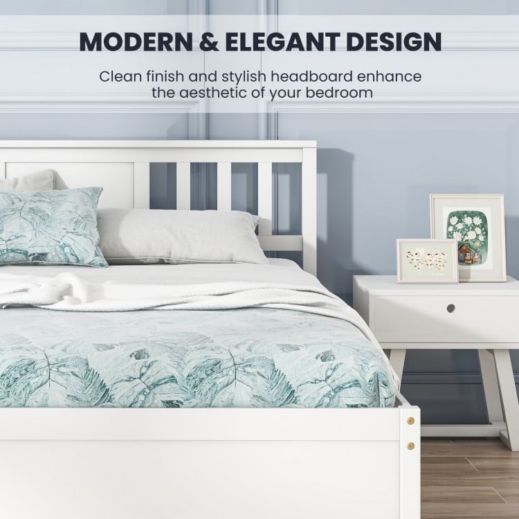 Wooden Platform Bed with Headboard and Wood Slat Support White-Full Size