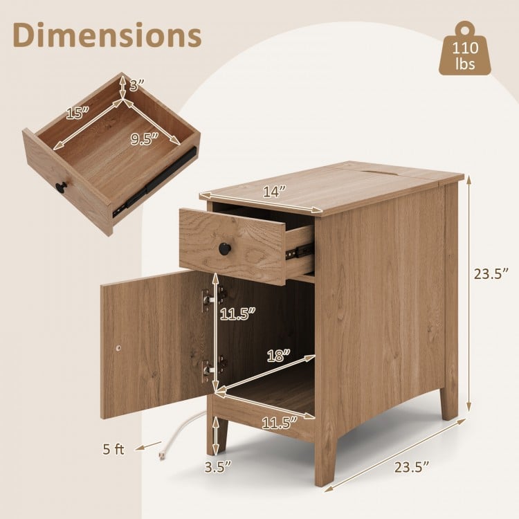 Flip Top End Table with Charging Station USB Ports Outlets and Drawer-Natural