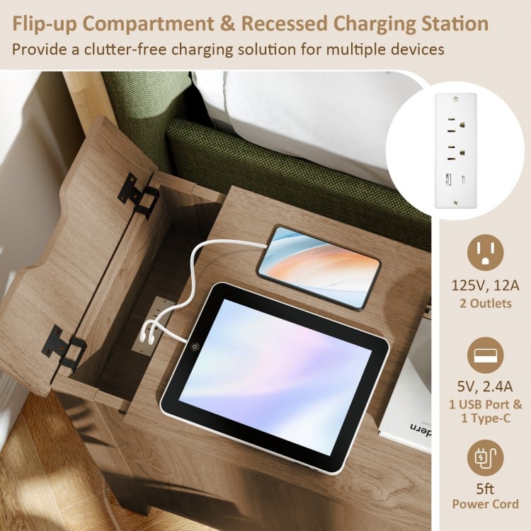 Flip Top End Table with Charging Station USB Ports Outlets and Drawer-Natural