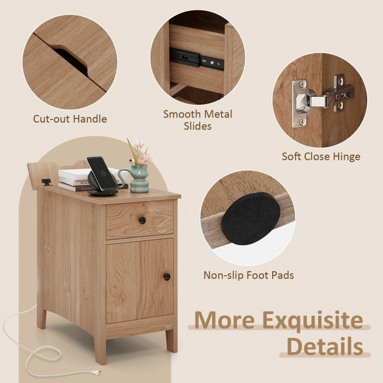 Flip Top End Table with Charging Station USB Ports Outlets and Drawer-Natural