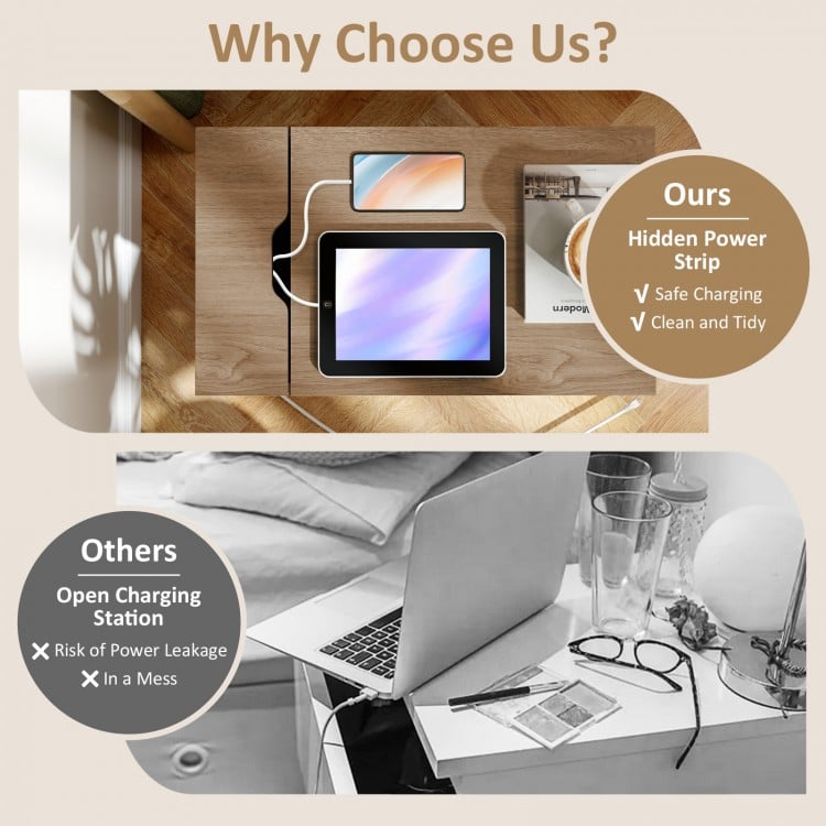Flip Top End Table with Charging Station USB Ports Outlets and Drawer-Natural