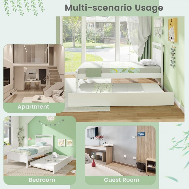 Twin Size Wooden Bed Frame with Trundle for Teens and Adults-White