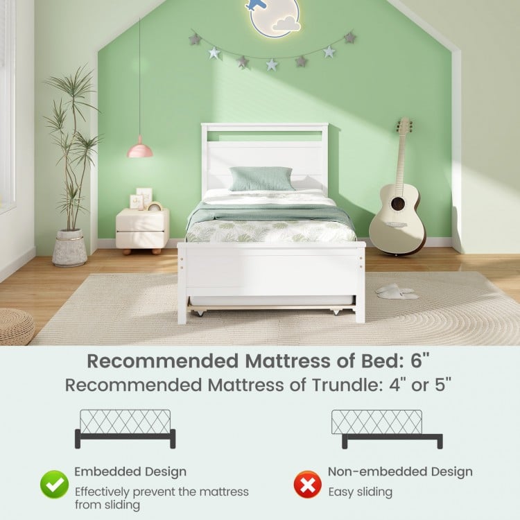 Twin Size Wooden Bed Frame with Trundle for Teens and Adults-White