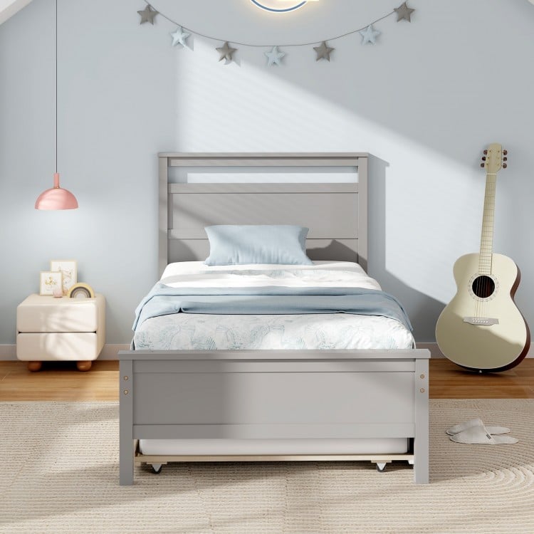 Twin Size Wooden Bed Frame with Trundle for Teens and Adults-Gray