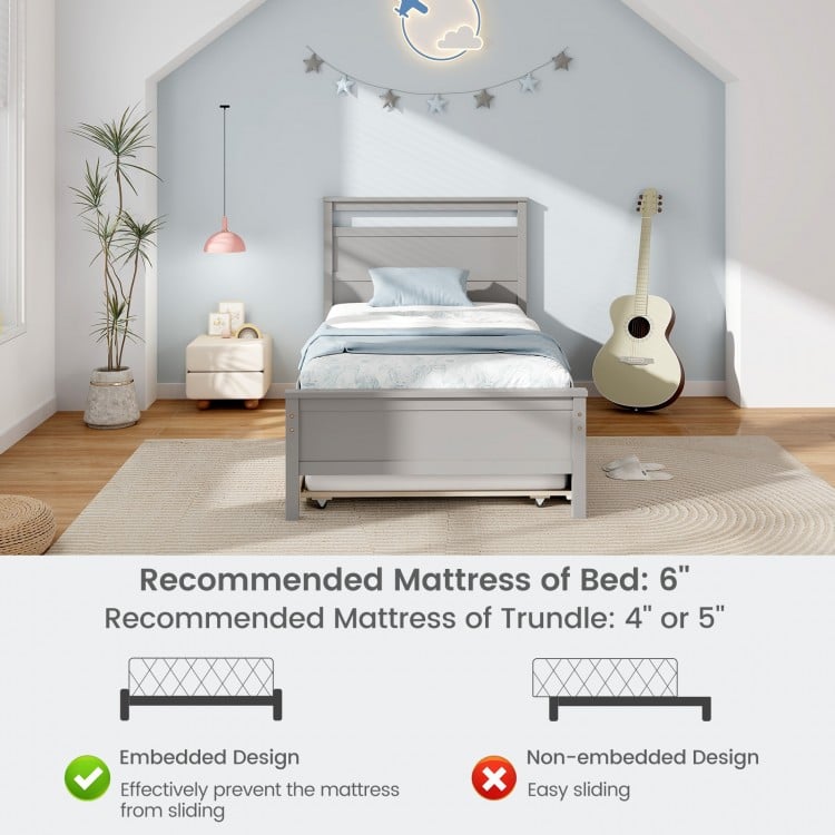 Twin Size Wooden Bed Frame with Trundle for Teens and Adults-Gray