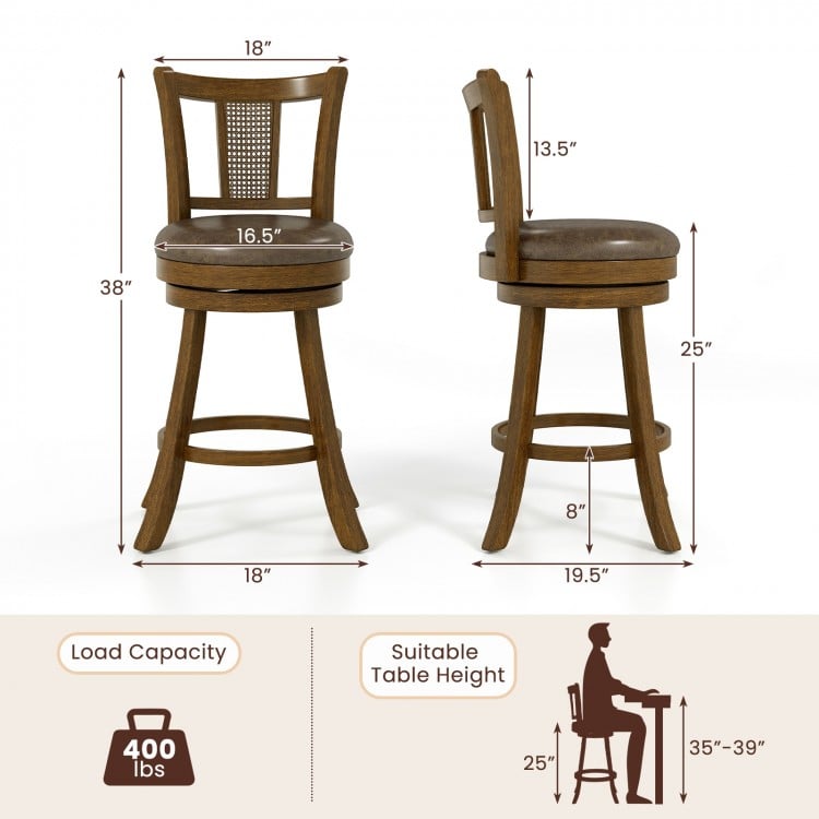 30 Inch Set of 2 Bar Stools with PE Rattan Backrest and Rubber Wood Frame-Brown