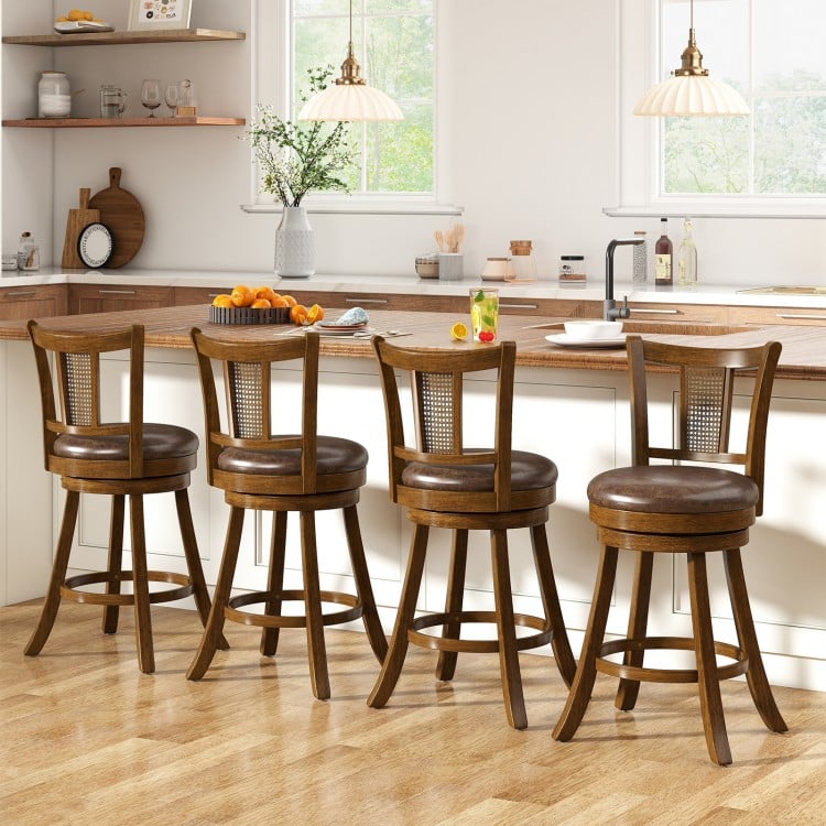30 Inch Set of 2 Bar Stools with PE Rattan Backrest and Rubber Wood Frame-Brown