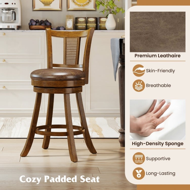 30 Inch Set of 2 Bar Stools with PE Rattan Backrest and Rubber Wood Frame-Brown