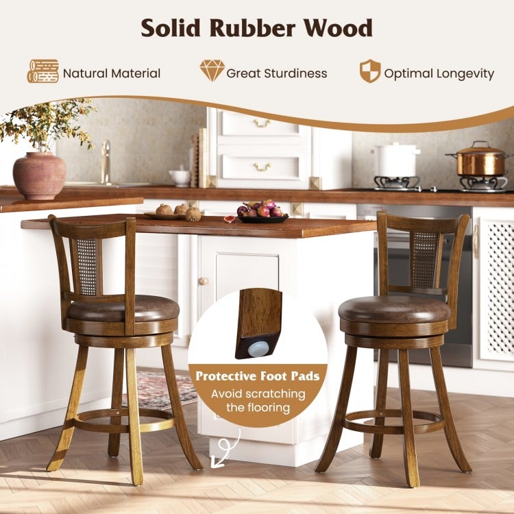 30 Inch Set of 2 Bar Stools with PE Rattan Backrest and Rubber Wood Frame-Brown