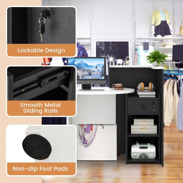 Front Reception Office Desk with Open Shelf and Drawer-Black & White