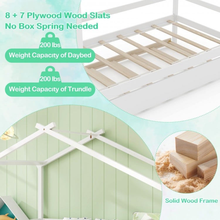 Kids Twin Size House Bed with Trundle and Roof-White