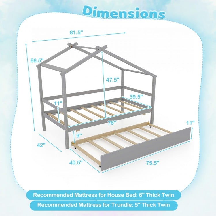 Kids Twin Size House Bed with Trundle and Roof-Gray