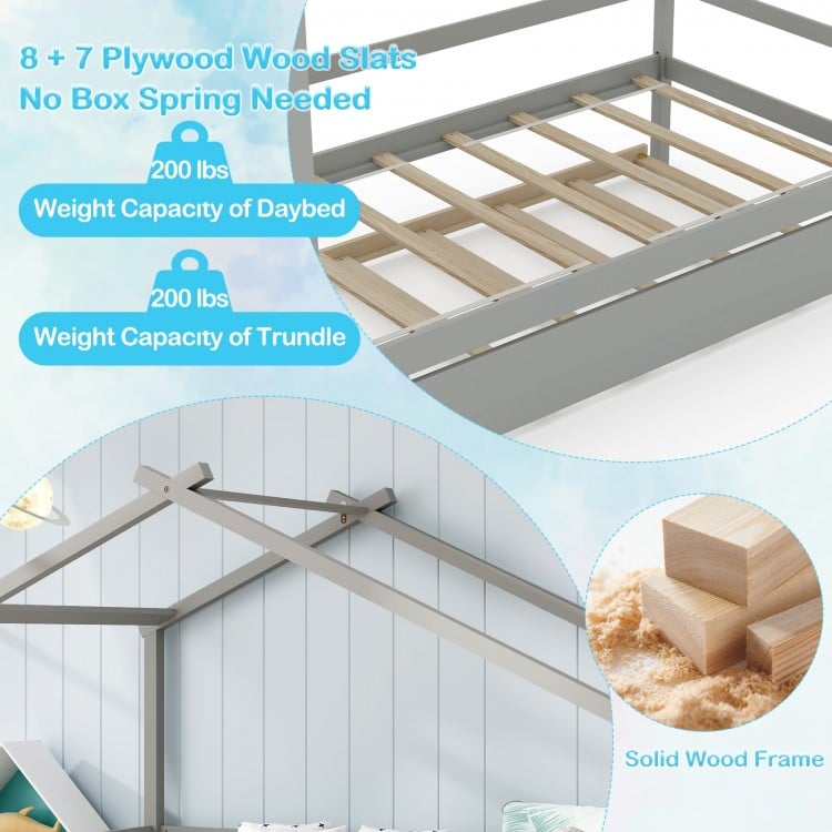 Kids Twin Size House Bed with Trundle and Roof-Gray