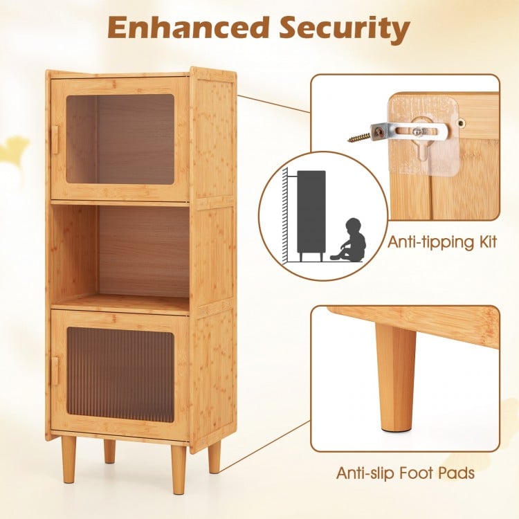 3-Cube Bamboo Storage Cabinet with Open Compartment and 2 Acrylic Doors-Natural