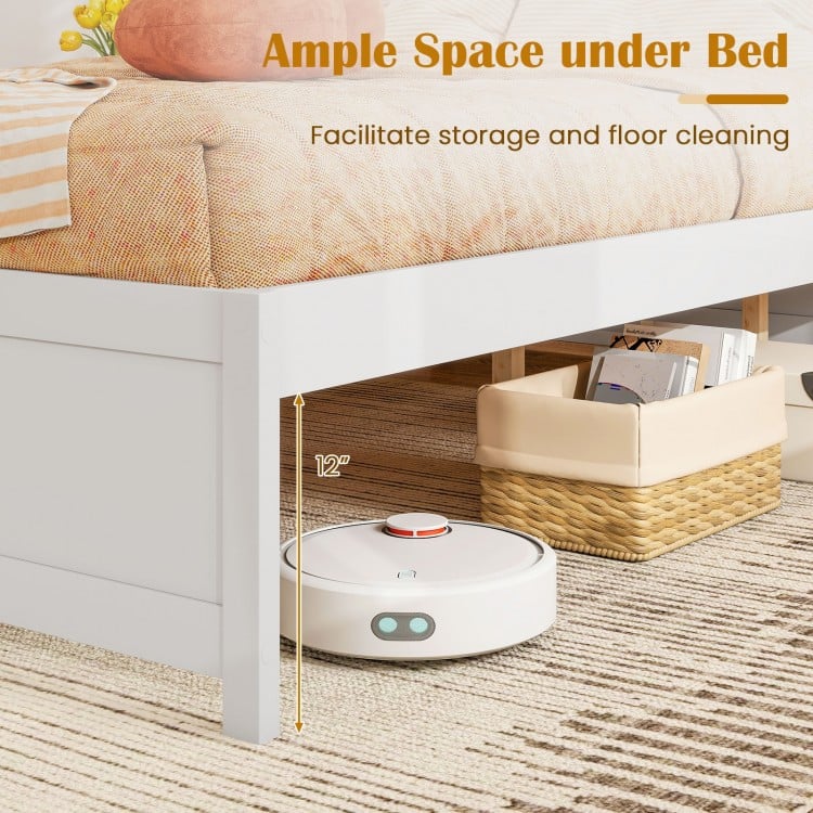 Queen Size Bed Frame with 2 Rolling Storage Drawers-White