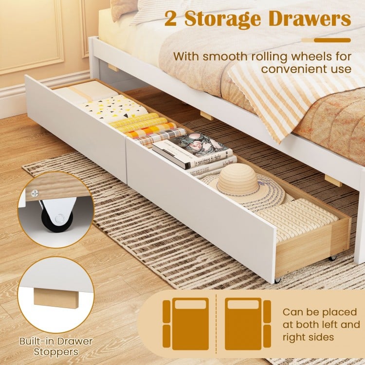 Queen Size Bed Frame with 2 Rolling Storage Drawers-White