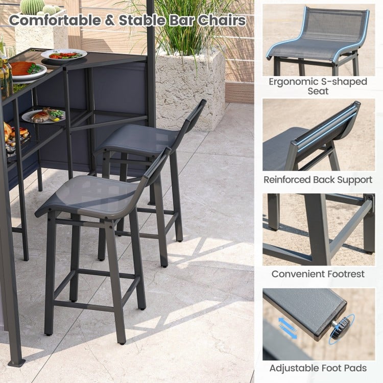 3-Piece Patio Bar Set 8 x 8 FT Double-Tier Grill Gazebo with 2 Bar Stools-Gray