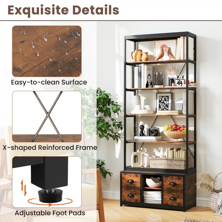 8-tier Bookshelf with 4 Fabric Drawers  and Heavy-duty Metal Frame-Coffee