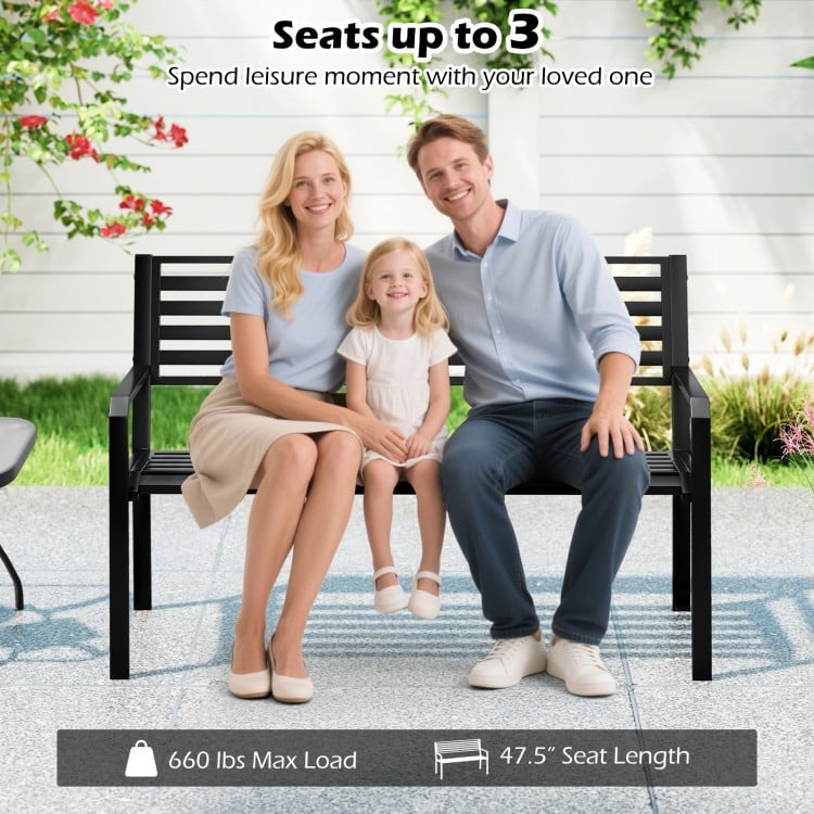 50 Inch Outdoor Metal Park Bench Patio Slatted Garden Bench for 2-3 People-Black