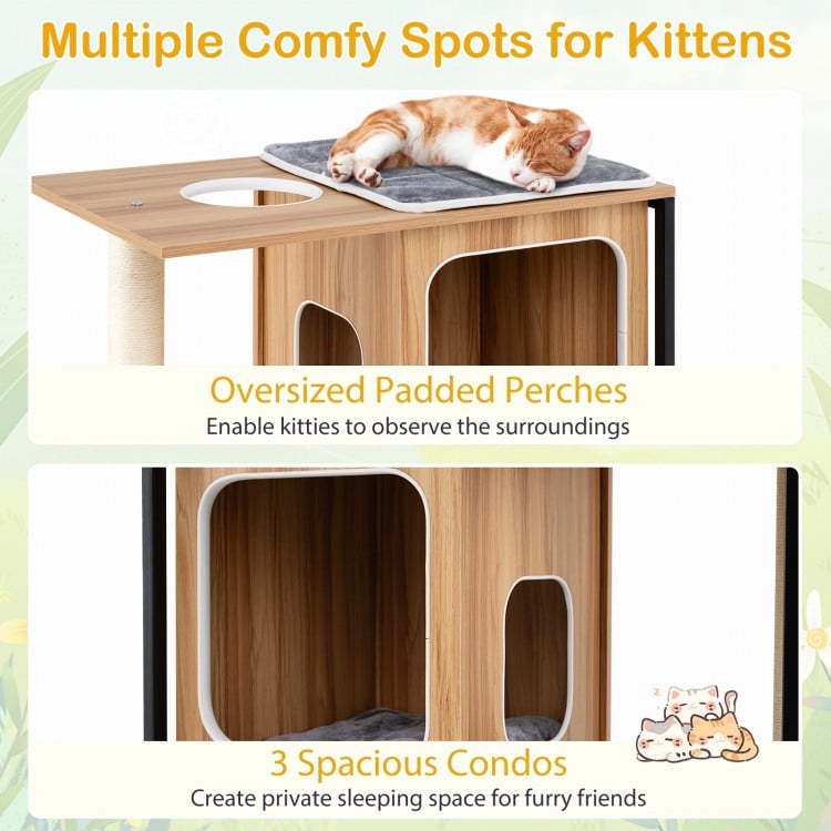 Modern Cat Tree Cat House with Metal Frame and Scratching Posts-Natural