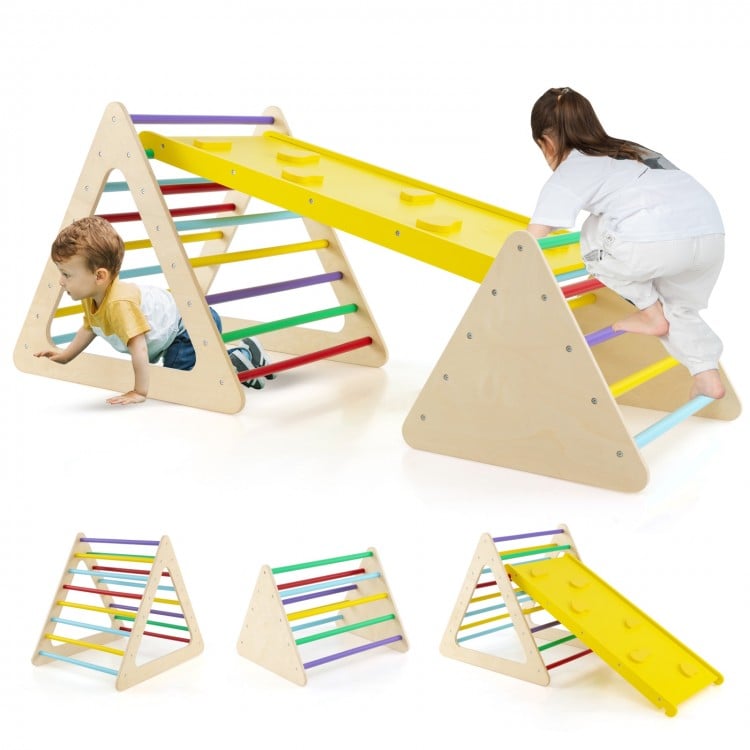 3 Piece Toddler Triangle Set Montessori with 2 Climbing Triangles and 1 Ramp-Colorful
