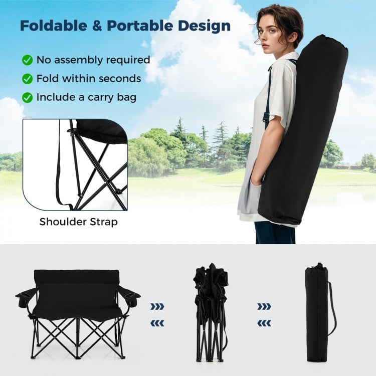 Double Camping Chair 2-Person Outdoor Folding Loveseat with Cup Holders-Black