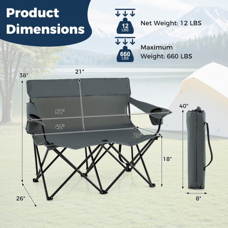 Double Camping Chair 2-Person Outdoor Folding Loveseat with Cup Holders-Gray