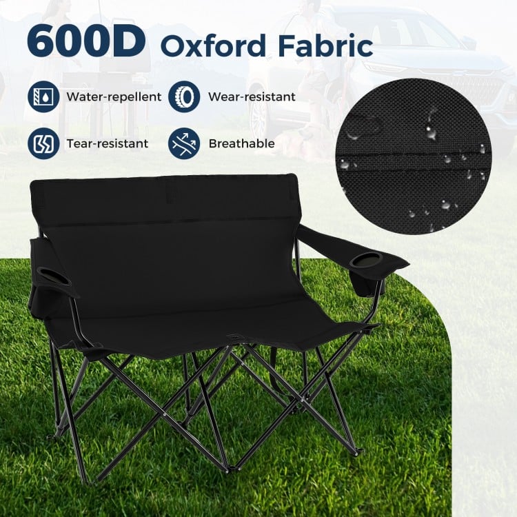 Double Camping Chair 2-Person Outdoor Folding Loveseat with Cup Holders-Black